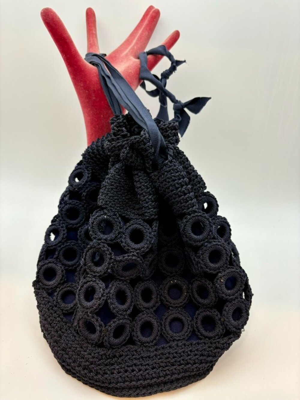 1940-50s Ingber Navy Crochet Rings Hobo Bag-Draw String Ribbon-RARE